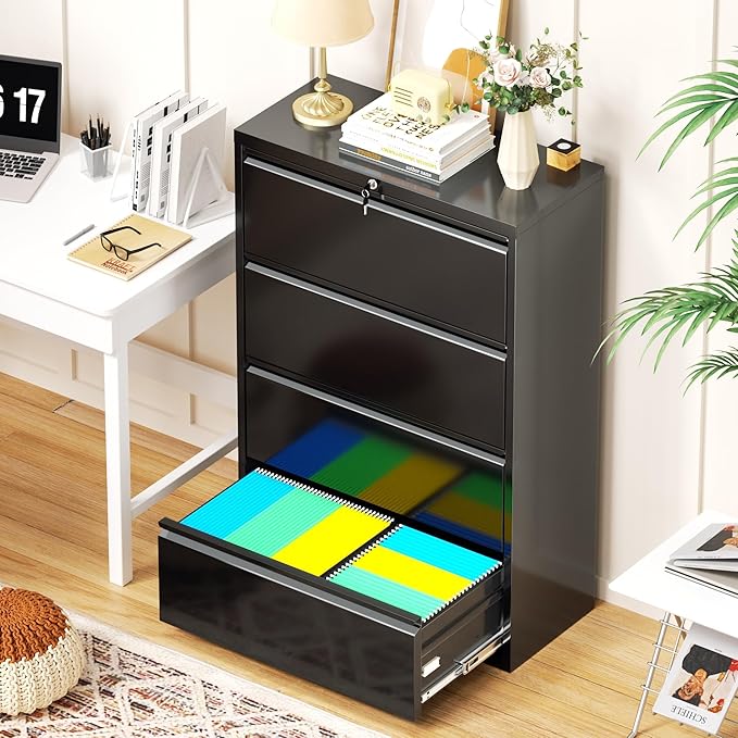 Bonusall 4 Drawer Lateral File Cabinet with Lock Locking Metal lateral Filing Cabinet for Office Steel lateral File Cabinet Large Horizontal File Cabinet Locked by Keys-Black