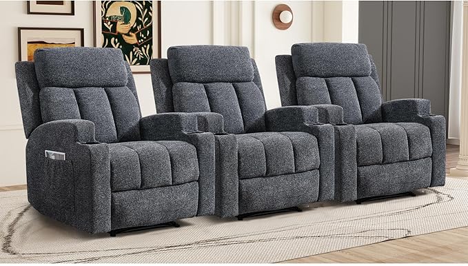 CANMOV Manual Massage Heat Recliner Chair Set of 3 Soft Fabric Recliner Chair with Overstuffed Arm and Back Manual Reclining Single Sofa with 2 Cup Holders Side Pocket for Living Room Dark Grey