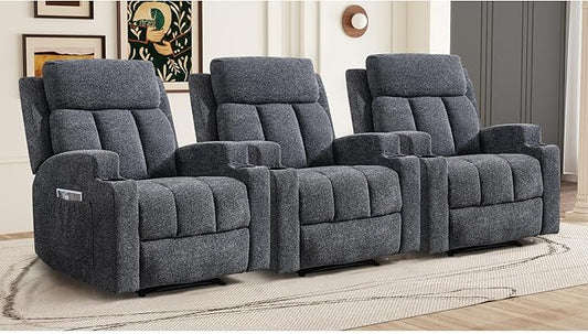 CANMOV Manual Massage Heat Recliner Chair Set of 3 Soft Fabric Recliner Chair with Overstuffed Arm and Back Manual Reclining Single Sofa with 2 Cup Holders Side Pocket for Living Room Dark Grey