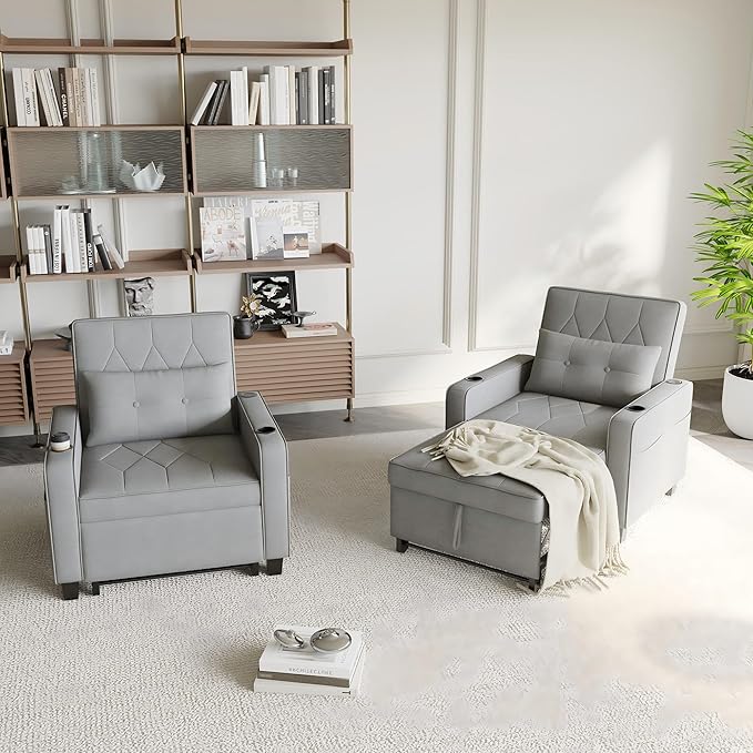 AILEEKISS 3 in 1 Convertible Sleeper Chair Bed Pull Out Sofa Chair Bed with Cup HoldersUSB &amp Type C PortsSide Pockets Linen Fabric Sleeper Single Sofa Couch for LivingroomApartmentOffice(Grey)