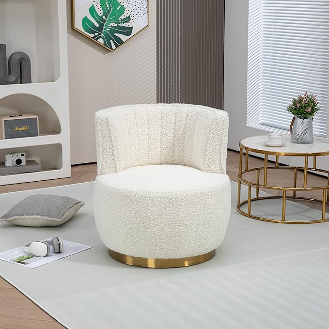 SLEERWAY 360° Swivel Barrel Chair Set of 2 Modern Teddy Round Accent Chair Comfy Upholstered Small Armchair with Gold Metal Base for Living Room Bedroom Nursery Sillas para Sala Cream White