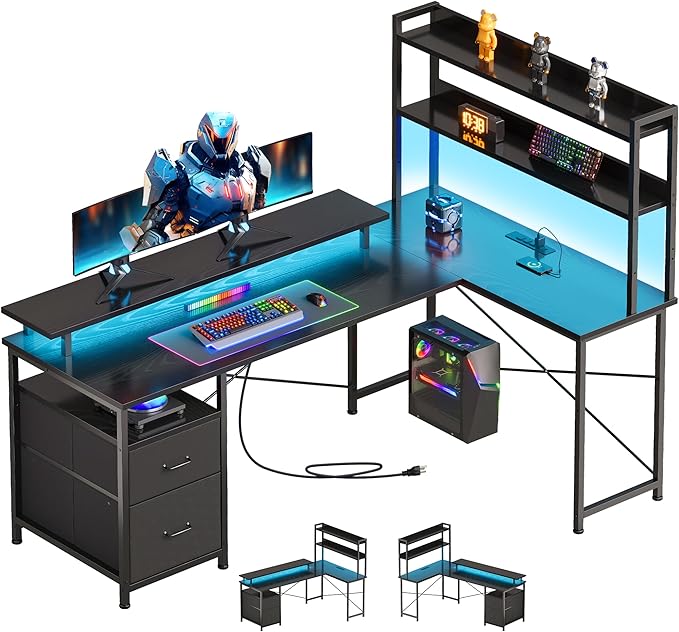 L Shaped Gaming Desk with ShelvesReversible Computer Gaming Desk with LED Lights and Charging StationHome Office Corner Desk with Monitor StandBlack