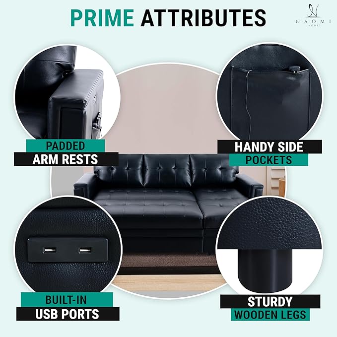 Naomi Home L-Shaped Sectional Sleeper Sofa with USB Ports - Convertible Pull-Out Bed Ample Storage Timeless Design Durable Construction Black/Air Leather
