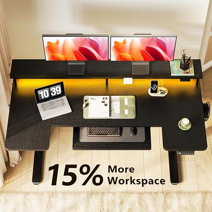 OffiGo U Shaped Electric Standing Desk with Keyboard Tray 55 Inch Height Adjustable Desk with Power Outlets &amp LED Lights Sit Stand Table with Monitor Stand for Home Office Black