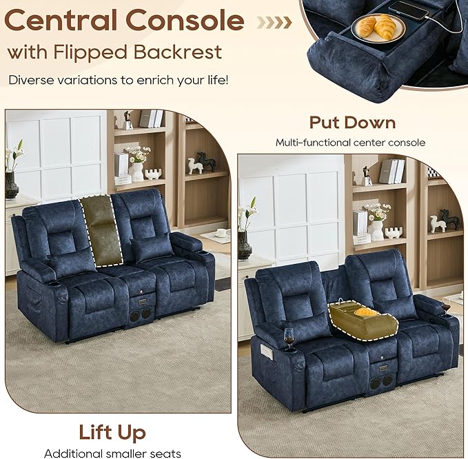 URRED Manual Reclining Loveseat Sofa with Console Double Recliner RV Couch with Bluetooth Speakers USB &amp Power Outlet Cup Holders Pillow and Side Pocket for Home Theater (Blue)
