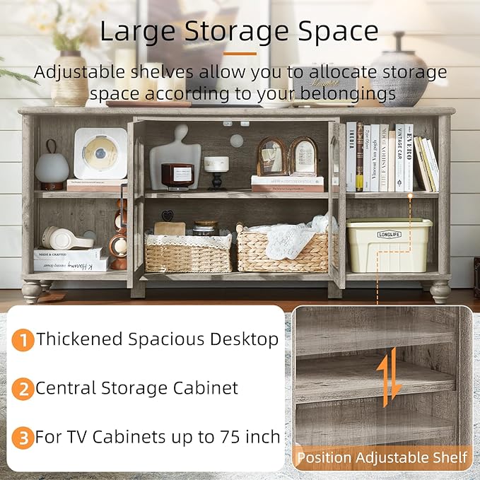 Farmhouse TV Stand for 60 Inch TV Wood Entertainment Center with Glass Door Storage Cabinet &amp Adjustable ShelvesTelevision Stands for 65 TVS Grey TV Console Table for Living RoomBedroom