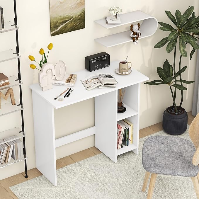 GOFLAME Small Computer Desk with Storage Modern Writing Desk with Adjustable Shelf Space Saving Laptop PC Desk with Anti-Toppling Kit Wooden Study Desk for Home Office White