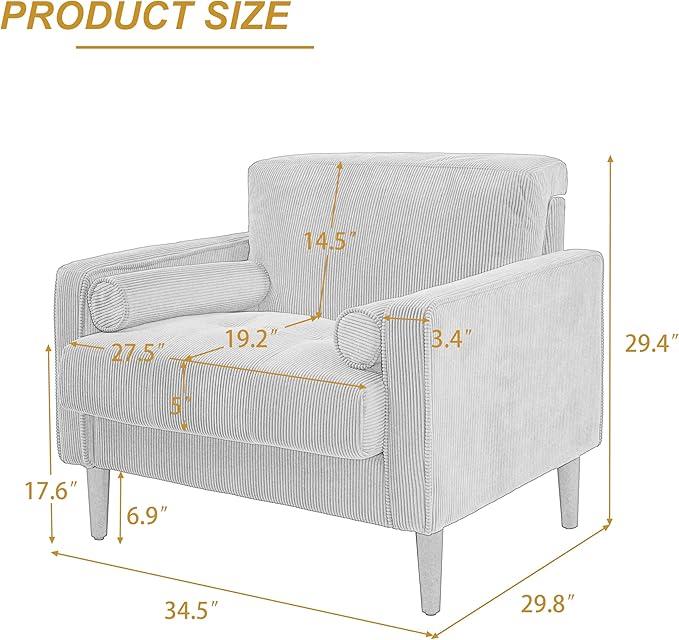 34.5 Arm Chair Set of 2 Corduroy Fabric Modern Accent Chairs Comfy Upholstered Armchair Reading Chair with Solid Wood Legs for Living Room Bedroom Office Navy Blue