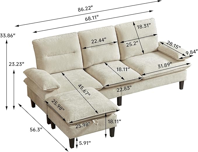 86'' Chenille Sofa with Storage Ottoman Modern Living Room Sofa with Removable Washable Cushion 3 Seater Comfy Couch for Apartment Bedroom Office (Beige)