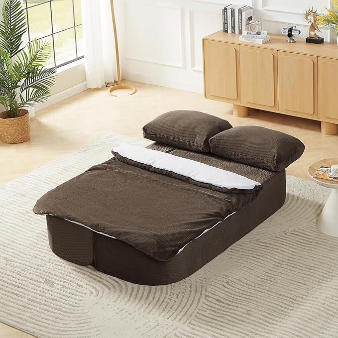 2-in-1 Convertible Sofa Bed 74.8 Memory Foam Boneless Couch Bed Full Size Love Seat Sleeper Sofa Floor Couch Loveseat with 2 Pillows for Living Room Bedroom Apartment Office No Assembly Brown