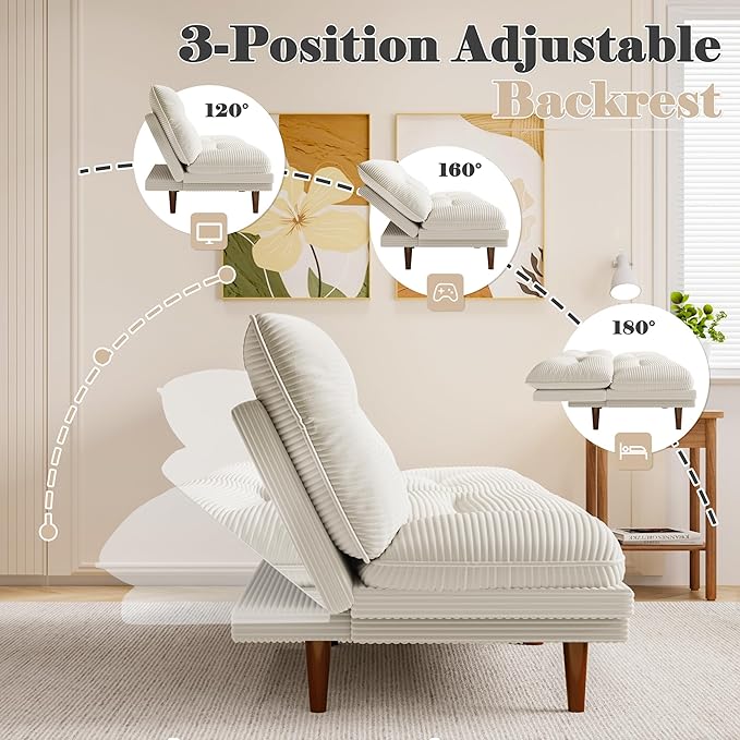 Homall Futon Sofa Bed Modern Loveseat Futon Couch with Adjustable Backrest and Armrests Sleeper Sofa Bed with Wood Frame for Living Room Office Apartment (Corduroy White)