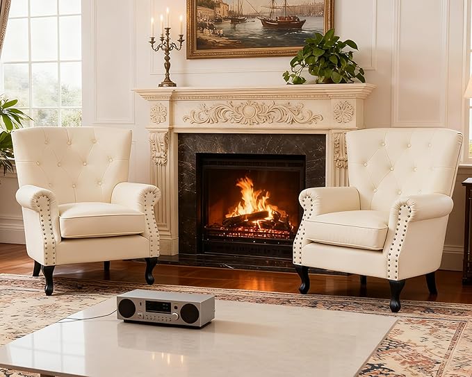 Modern Accent Chair Set of 2 PU Leather Armchair with Solid Wood Legs Sofa Chair for Living Room Bedroom Leisure Room Reading Room(Ivory White)