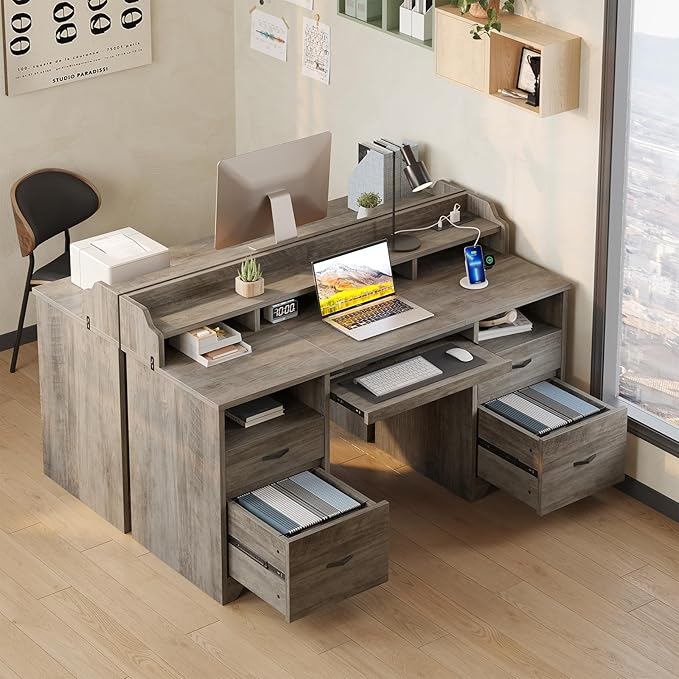 Bestier Farmhouse 59 Executive Desk with Drawers Wood Computer Desk with Charging Station Home Office Desk with Keyboard Tray &amp Monitor Stand Sturdy Pedestal Desk for Work Study Grey