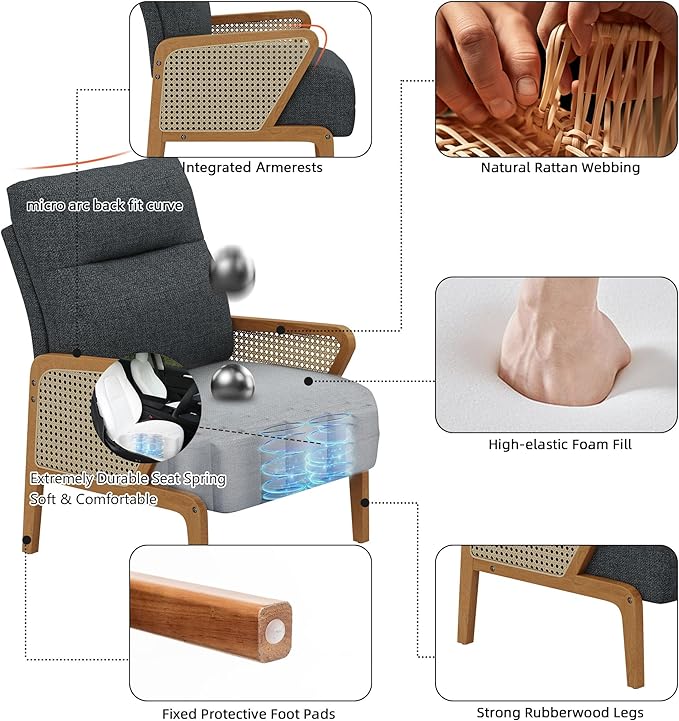 Alunaune Upholstered Living Room Chairs Accent Chair Armchair Natural Rattan Modern Slipper Club Chair Guest Reception Couch Comfy Single Sofa for Reading Bedroom-Dark Grey