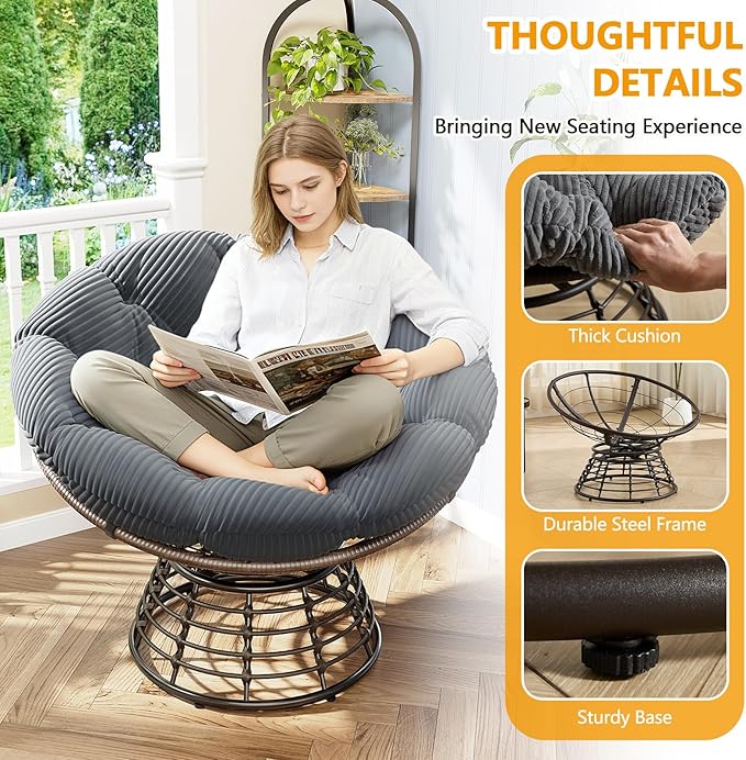 36” Papasan Chair with Cushion and Frame Oversized Papasan Chairs 360° Swivel Olefin Adjustable Feet Suitable for Living Room Patio Bedroom Indoor/Outdoor (Grey+Corduroy)