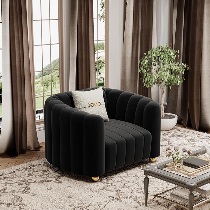 42 Velvet Sofa Chair for Living Room Modern Single Sofa with Gold Metal Sphere Legs (Black-1 Seater)