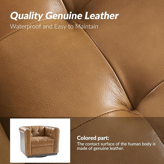 HULALA HOME Genuine Leather Swivel Accent Chair with Wooden Base Mid Century Modern Square Accent Chair for Living Room Bedroom Club Camel