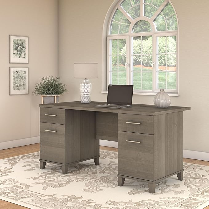 Bush Home 60-inch Home Office Desk with Drawers Large Computer Table with Storage Transitional Style Somerset Collection Ash Gray