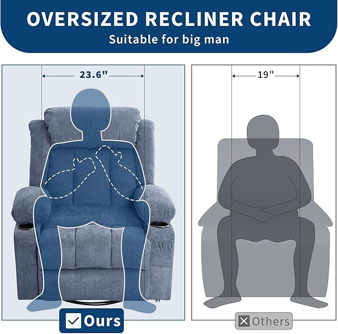 Oversized Swivel Rocker Recliner Chair with Heat &amp Massage 3-Position Adjustable Nursery Recliner for Adults Dual Cup Holders Side Pockets USB Charging Ports Blue