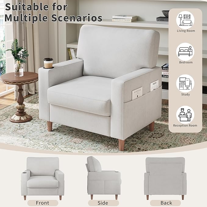 Actinidia Oversized Accent Chair with Cup HoldersMid Century Modern Upholstered Living Room ChairHigh Back Single Sofa ChairReading Armchair for Bedroom Apartment Waiting Room Office White