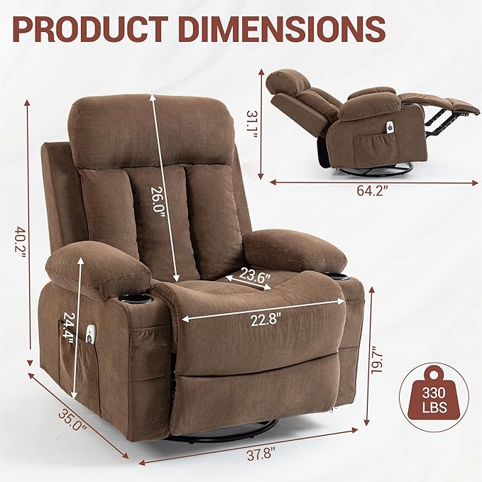 Recliner Chair for Adults with Vibration Massage and Lumbar Heating 360° Swivel Rocker Recliner Glider Chair with Cup Holder and USB Charge Port for Living Room Bedroom Brown
