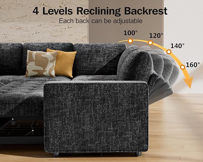 Vipbear Modular Sectional Sleeper Sofa Bed with Pull Out Bed/Reclining Backrest/USB Ports 5 Seat L Shaped Sectional Sleeper Couch Tool-Free Assembly Chenille Black