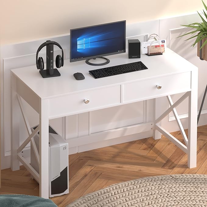WiberWi Home Office Desk with Drawers White Modern Writing Computer Desk Small Makeup Vanity Table for Bedroom Study Table for Home Office