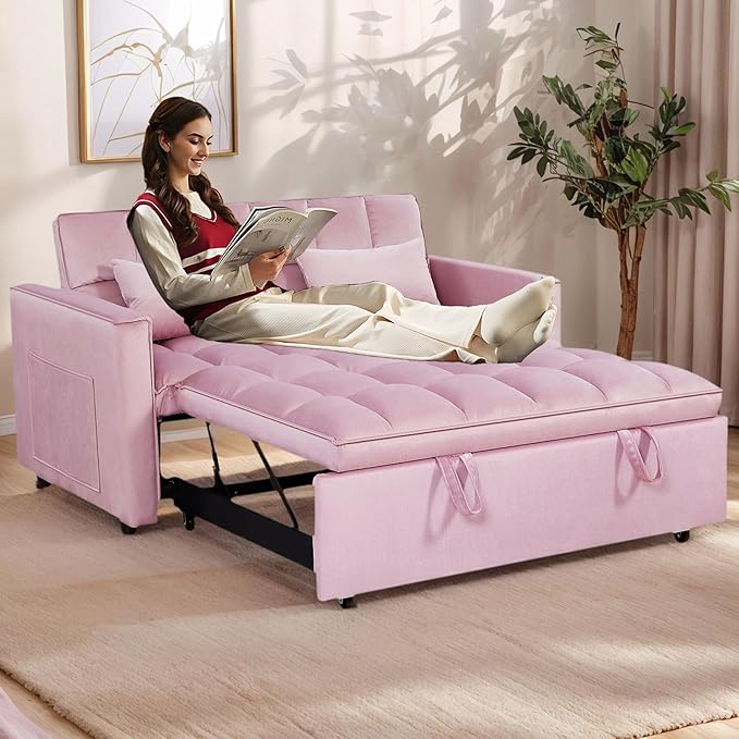 54 Convertible Sofa Bed Velvet Sleeper Sofa with Pull-Out Bed 3-in-1 Futon Couch with Reclining Backrest and Side Pocket Modern Loveseat for Living Room (Pink)