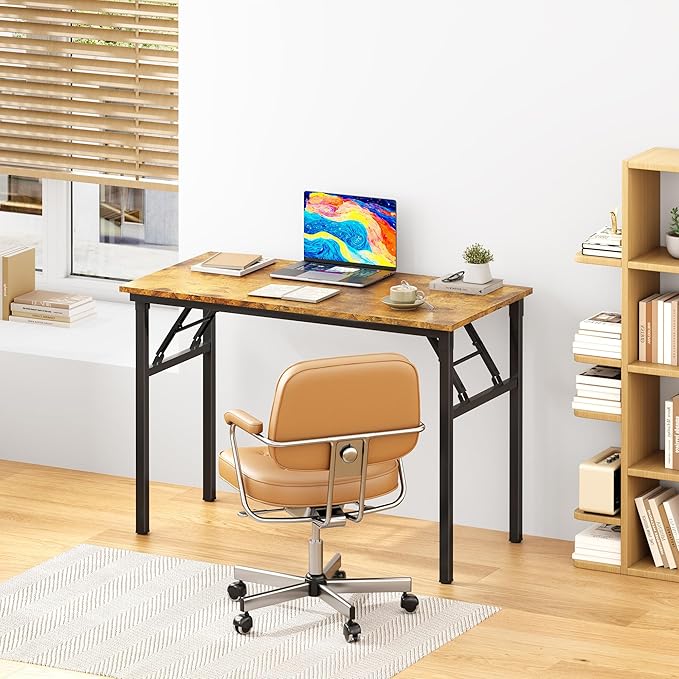 DlandHome Folding Desk Computer Desk 31.5x15.7inch Large No Install Needed Folding Table Workstation for Home Office Brown