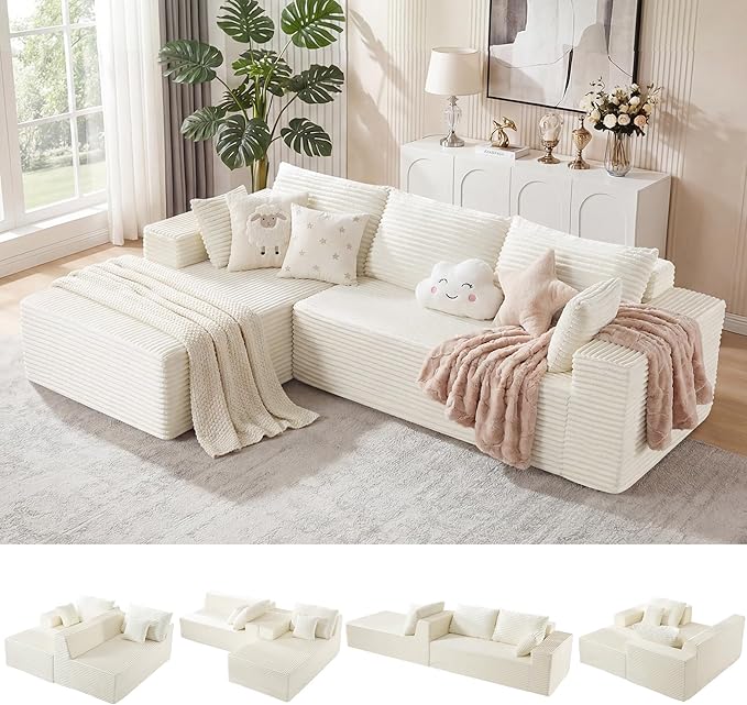 110 Boneless Sectional Couch with Chaise Lounge Cloud Couch Compressed Sofa L Shape No Assembly Memory Foam Sofa for Living Room White Corduroy