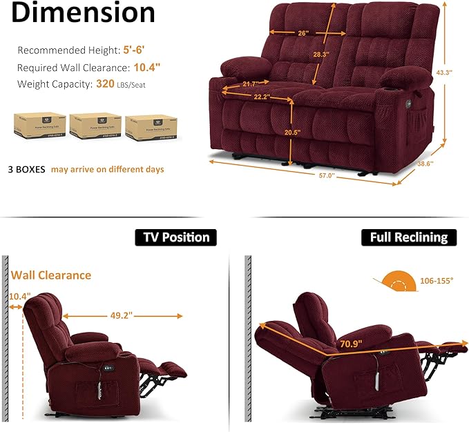 MCombo 57 Power Loveseat Recliner Electric Reclining Loveseat Sofa with Heat and Vibration Cupholders USB Charge Ports for Living Room 6314 (Burgundy Loveseat)