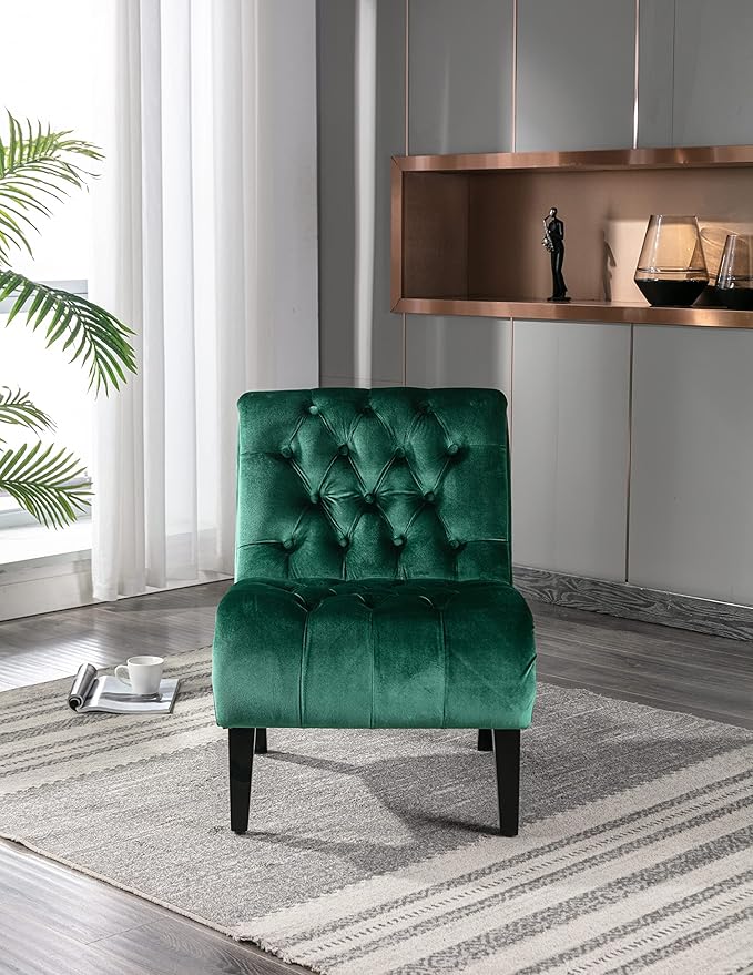 Modern Velvet Armless Accent Living Room Chair Leisure ChairUpholstered Fabric Button Comfortable Chair with Wooden Legs for Bedroom Living Room Office (Green Velvet)