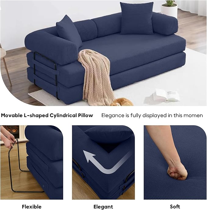 Convertible Sleeper Sofa Bed with Cylindrical Pillow Corduroy Folding Boneless Couch with Fixed-Shape Frame Floor Sofa Lounge Couch for Living Room Bedroom Lounge Studio-Blue