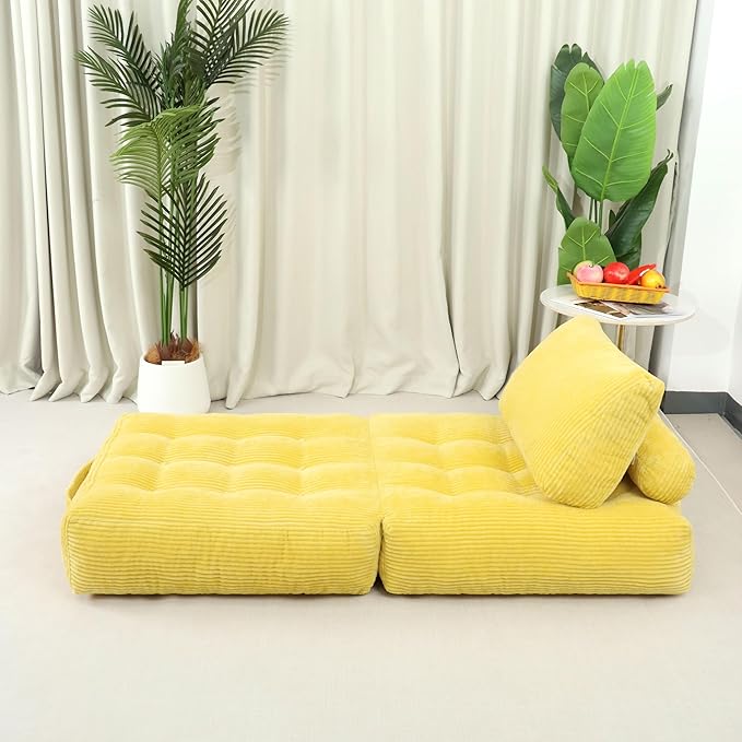Yellow Folding Sofa Bed - Convertible Sleeper Chair with Pillow &amp Back Support Comfy Foldable Mattress Portable Futon Fold Out Chair Bed for Living Room/Bedroom/Apartment