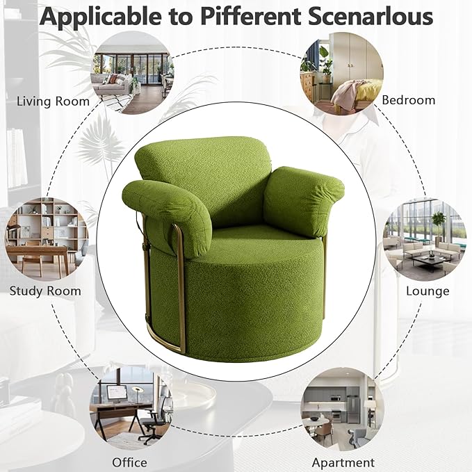 Swivel Accent Chairs for Living Room 360 Swivel Barrel Chair with Arm for Bedroom Upholstered Round Chair &amp Corner Chairs with Gold Frame for Small Spaces Chenille (Green)