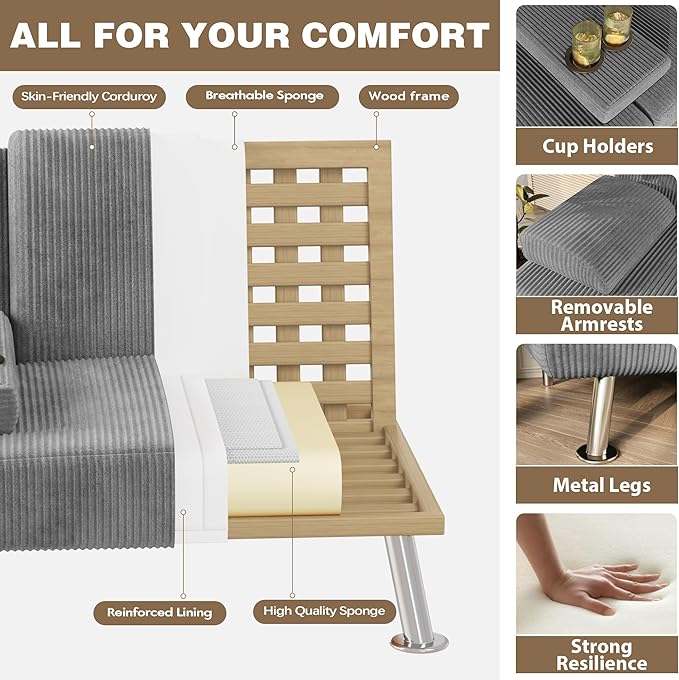 Homall Futon Sofa Bed Futon Couch with Removable Armrests Adjustable Recliner Sleeper Sofa Bed with Dual Cup Holders for Living Room Apartment Office (Corduroy Grey)