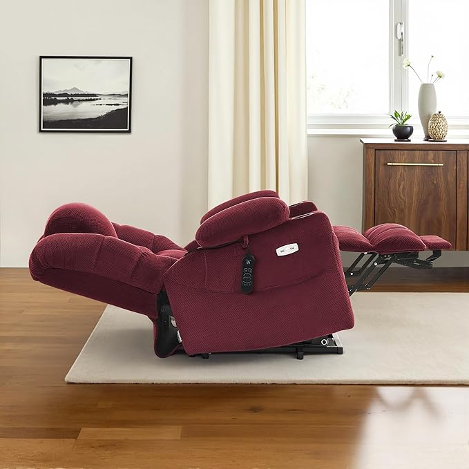 MCombo Triple Motor Power Lift Recliner Chair with Massage and Dual Heating Adjustable Headrest for Elderly People Fabric 7632 (Burgundy Medium)