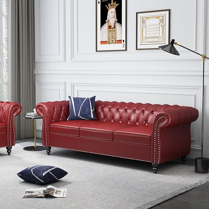 ORRD Chesterfield Sofa Leather Modern PU Tufted Couch 3 Seater with Rolled Arms and Nailhead for Living Room Bedroom Office Apartment (Burgundy)