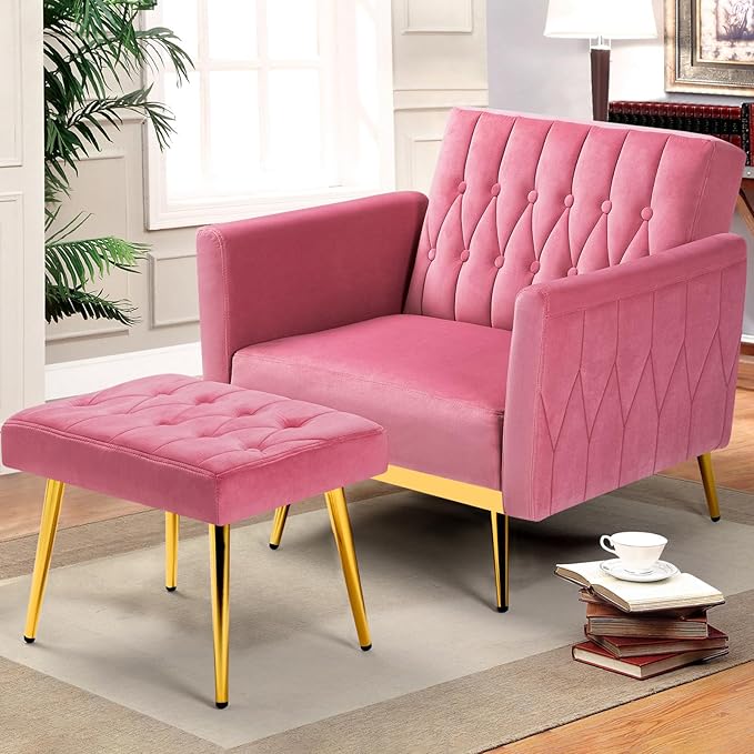 Velvet Accent Chair with Adjustable Armrests and Backrest Button Tufted Lounge Chair Single Recliner Armchair with Ottoman and Pillow for Living Room Bedroom Pink