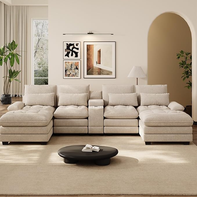 134 Oversized Brown Sectional Couches for Living Room with Glitter Fabric Fluffy Couch with Chaise Lounge&ampTufted Buttons U Shaped Sofa Set Chenille 6 Seater Couch with 2 Ottoman &amp Storage