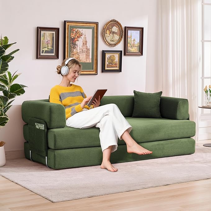 Convertible Sleeper Sofa Bed 78.8 Floor Sofa Bed 5-in-1 Folding Mattress Couch Loveseat with Fixed-Shape Frame Pillow Corduroy Fabric for Living Room Bedroom Lounge Green