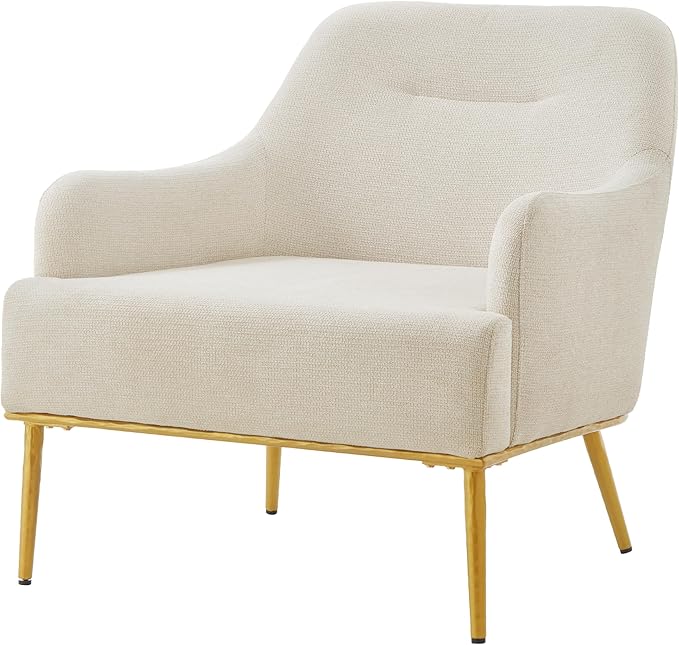 Modern Accent Chair with Curved Backrest Chenille Fabric Upholstered Armchair with Gold Metal Legs Single Sofa Chair for Living Room Reading Corner (Beige14)