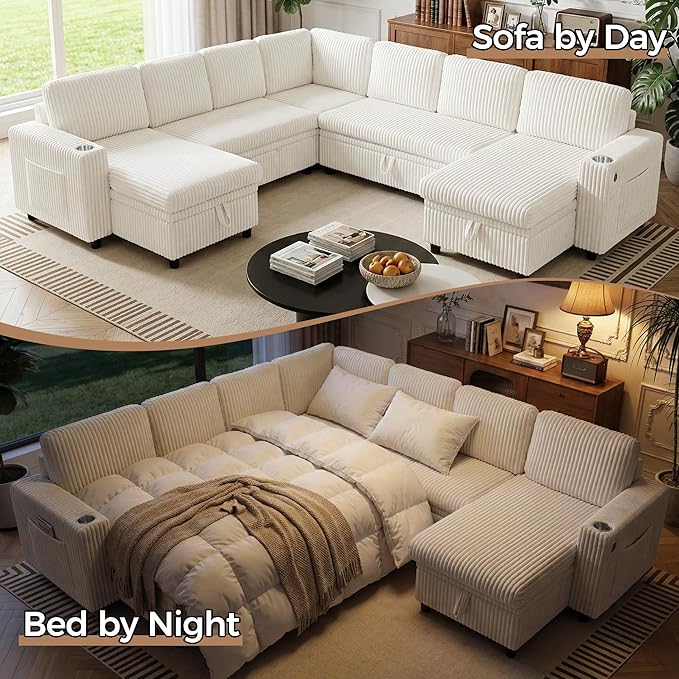Modular Sectional Sleeper Sofa with Pull Out Bed Plush Corduroy L Shaped Couch with Storage Chaise USB Ports Cup Holders Comfy Cloud Couches for Living Room White