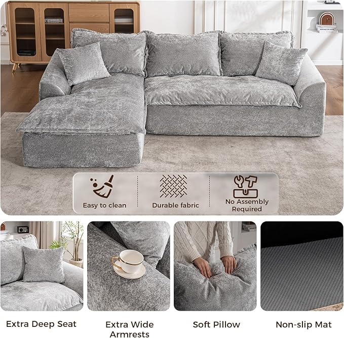 103”Modular Sectional SofaUpholstered Boneless Couch for Living Room BedroomModern Modular L-Shaped Chaise CouchCloud Sectional Sofa with Deep Seat (Light GrayLeft Facing Chaise)