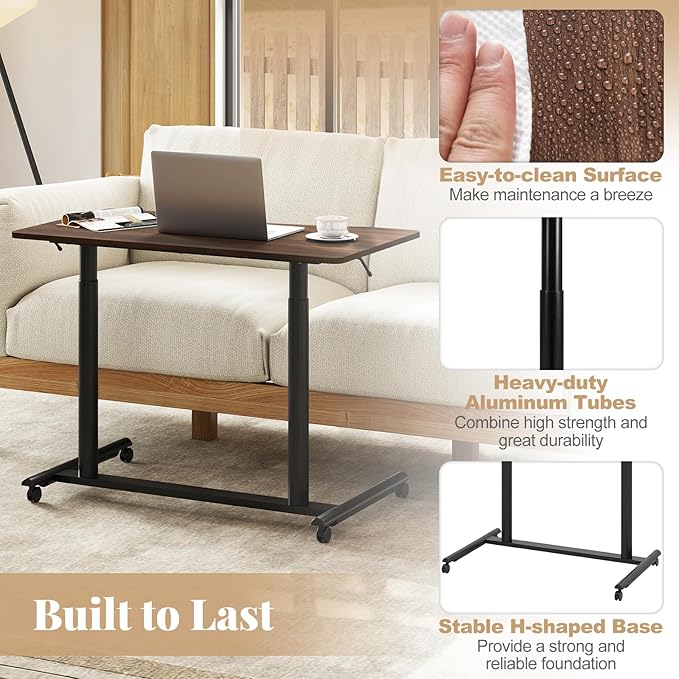 Giantex Mobile Standing Desk Height Adjustable Computer Desk with Wheels &amp Aluminum Frame C Shaped Sofa Side Table Portable Laptop PC Workstation Compact Rolling Desk for Small Space (Brown)