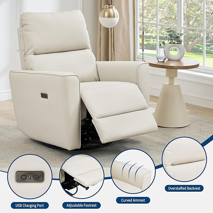 GarveeHome Power Swivel Glider Recliner Chair PU Leather Nursery Electric Rocker Recliner Chair with Lumbar Support &amp USB Port for Living Room Bedroom and Nursery (White)