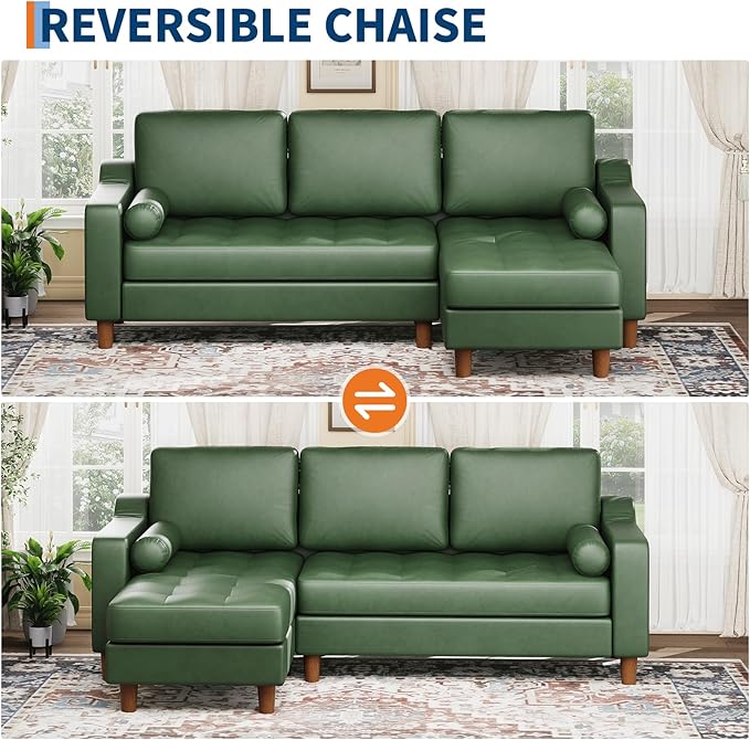 GarveeHome 88.9 L-Shape Sofa&ampCouch with Convertible Chaise Sectional Sofa with Deep Seat Modern Mid-Century Sofa for Living Room 3 Seat Comfy Leather Couch Green