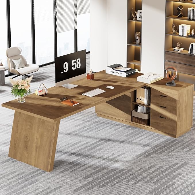 Tribesigns Modern L-Shaped Executive Desk 78.7 L x 31.5 W x 29.5 H Brown 3 Drawers 2 Shelves Scratch Resistant Home Office Desk