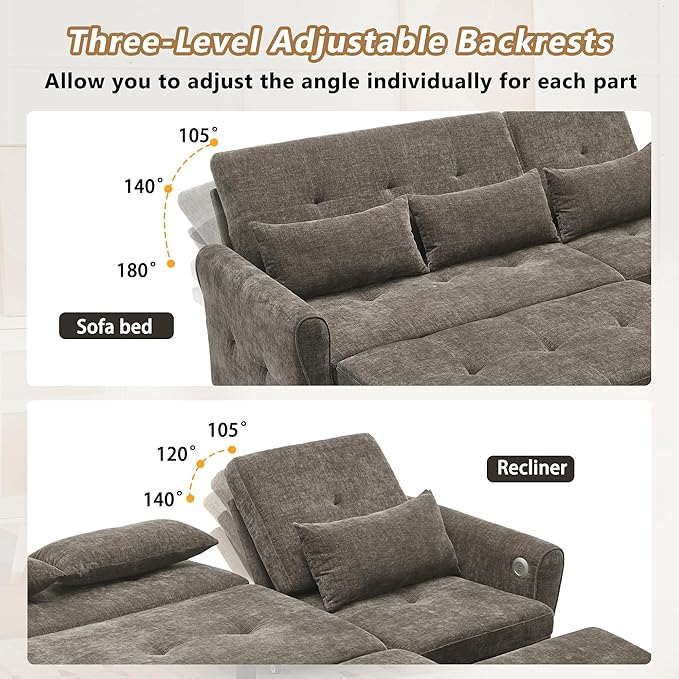 Merax 2-in-1 Convertible Sofa Bed &amp Recliner Sofa 82 3-Seater Sofa Pull-Out Sleeper Sofa 3 Level Adjustable Backrest Reversible Left/Right with USB Charging Ports Easy to Assemble (Dark Gre