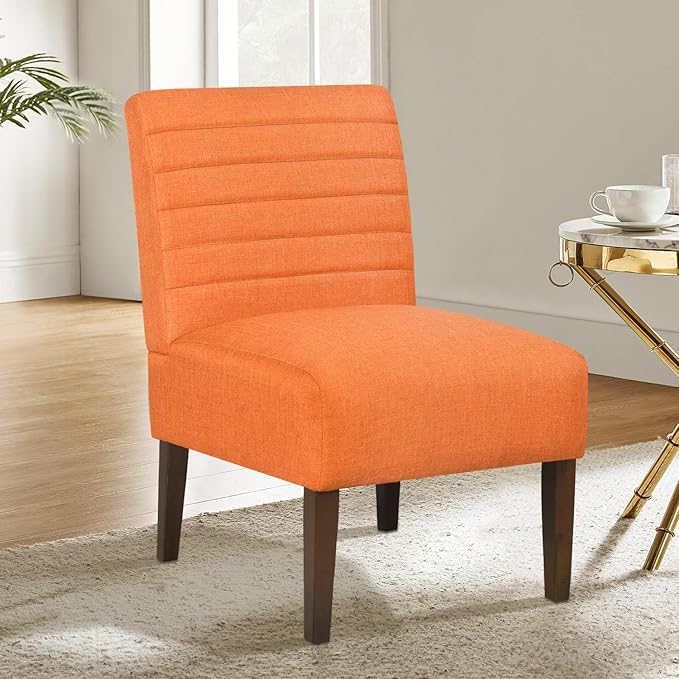 Slipper Accent Chair Modern Armless Lounge Chair with Wood Legs Upholstered Makeup Vanity Tufted Side Chair Fabric Comfy with Decor Back for Living Room Bedroom Patio (Horizontal Back Orange)